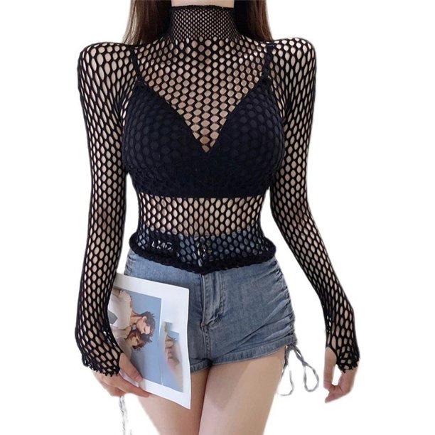 EchoBliss Mujeres Sexy Malla Manga Larga Tops Divertido Hueco Moda Redes Slim Fit Tops