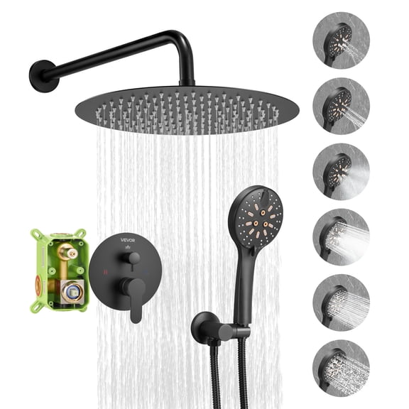 VEVOR Shower Faucet Set, Rainfall Bathroom Shower System with 12-Inch Round Rain Shower Head and Handheld Spray, Wall Mounted Bath Fixtures with Brass Valve and Trim Kit, Matte Black