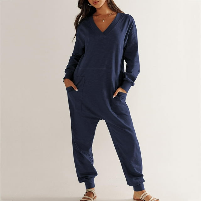 LSLJS Combinaison Décontractée Ample Unie à la Mode pour Femme, Combinaison à Manches Longues à Col en V, Pyjama Décontracté avec Poche