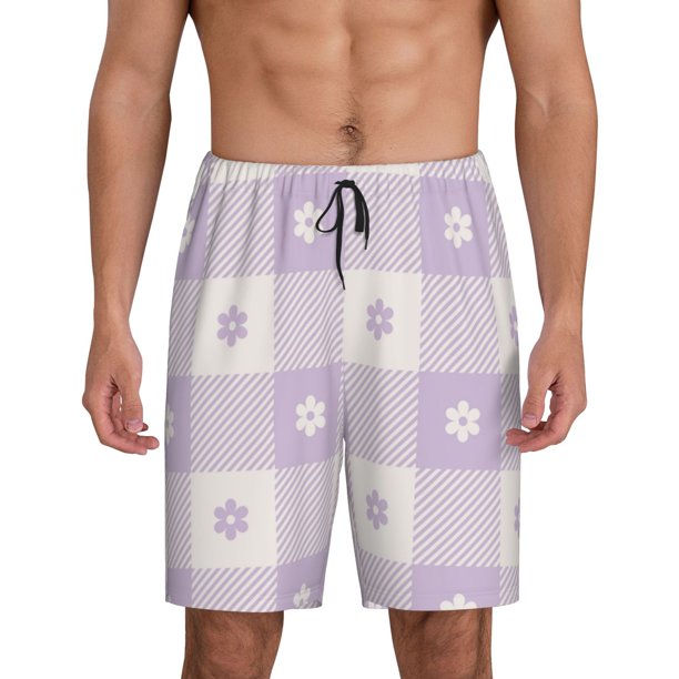 Balery Floral Purple Buffalo Plaid Pantalones cortos de pijama de punto de algodón para hombre con cinturilla y bolsillos-X-Large