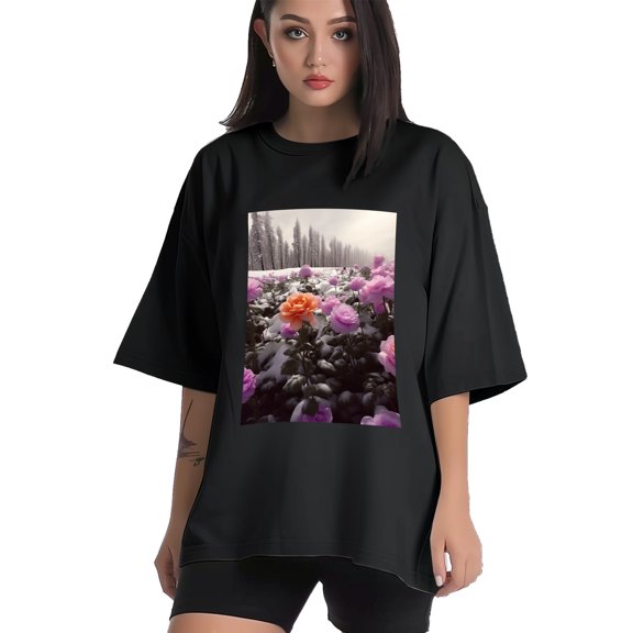 Plus Size Shirt for Women Black Tops for Women Short Sleeves Shirt for Women Flowers T Shirt Crewneck Shirt for Women XS