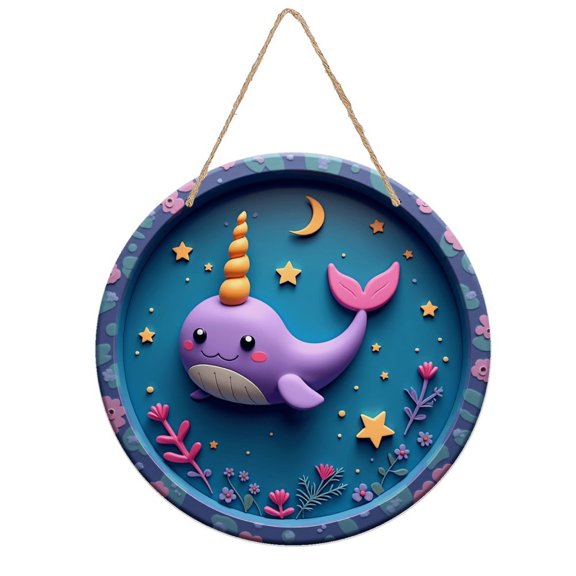 Rustic Round Wooden Wall Art Sign, 8" Decorative Home Decor, Vintage Cute Unicorn Dolphin Designs, Easy Hang, Gift-Ready for Christmas Living Room Bedroom Kitchen Office