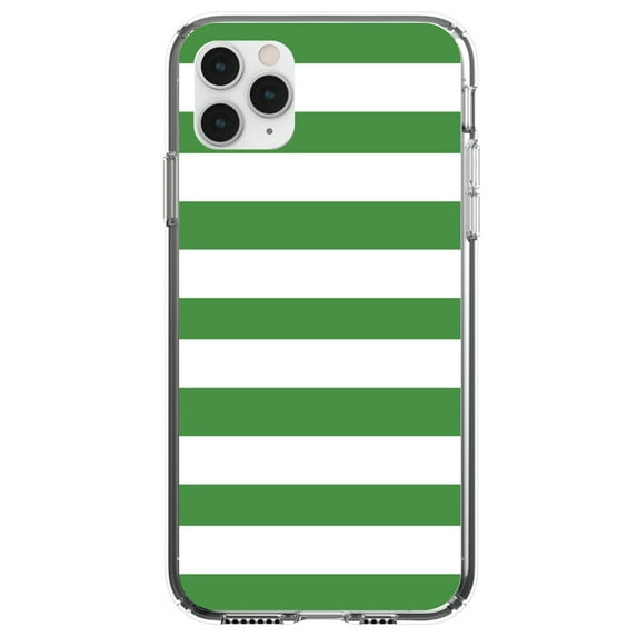 DistinctInk Clear Shockproof Hybrid Case for iPhone 11 Pro MAX (6.5" Screen) - TPU Bumper, Acrylic Back, Tempered Glass Screen Protector - Green & White Bold Horizontal Stripes
