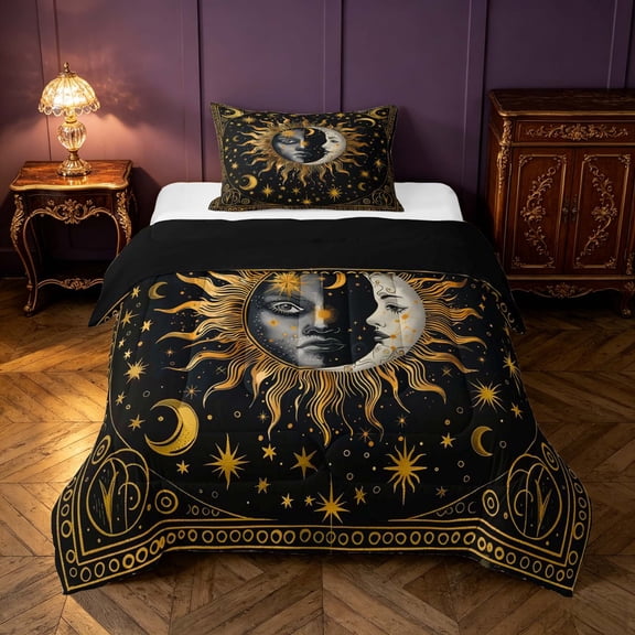 Homewish Hippie Sun Moon Twin Comforter Sets, Glitter Stars Bedding Set, Black Gold, Black Reversible 2 Pieces, 1 Comforter and 1 Pillowcase