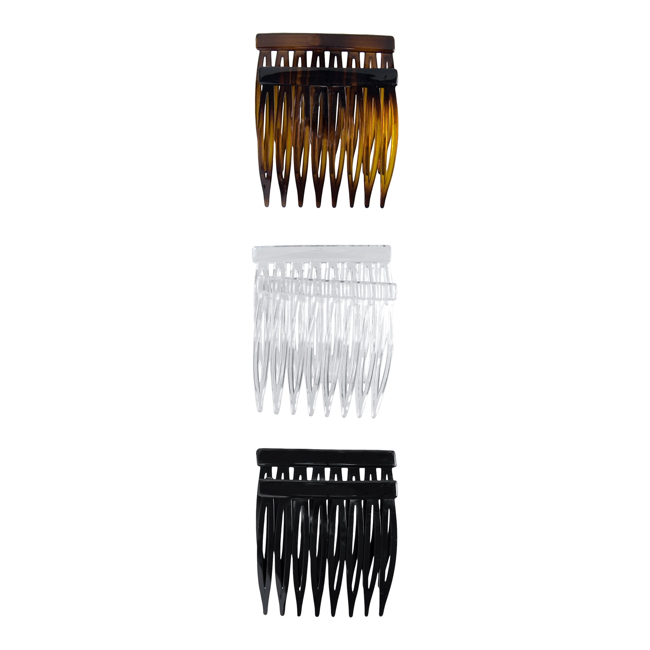 Scunci Small Plastic Side Combs, Easy on Hair, in Brown, Clear, and Black,  6 ct 