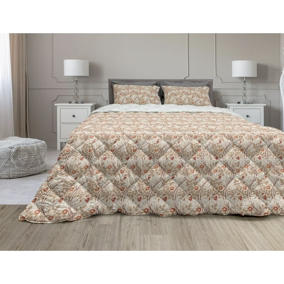 Floral Comforter & Sham Bedding Set, Vintage Botanical Plantation Flowers and Branches, 3 pcs Duvet Set Microfiber Filling Quilt, 5 Sizes, Warm Taupe Paprika, by Ambesonne
