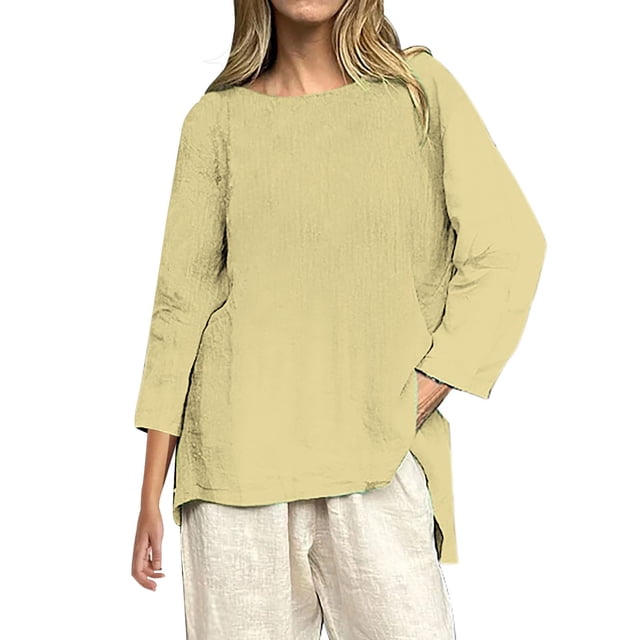 WZXFASHION T-Shirts Décontractés à Manches 3/4 pour Femmes, Col Rond, Coton, 50 % de Réduction, Liquidation