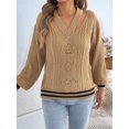 thumbnail image 4 of Women Vintage Knit V-Neck Hollow Contrast Stripe Lantern Long Sleeve Loose Knit Pullover Sweater Khaki L, 4 of 10