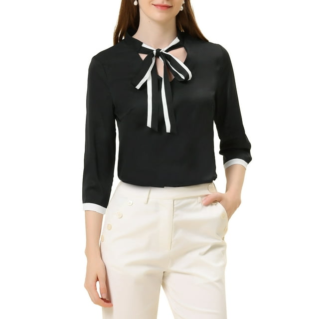 CAMISA DE OFICINA ELEGANTE PARA MUJERES CON CUELLO EN V Y MANGAS CORTAS, BOTONES EN LOS PUÑOS, S NEGRO