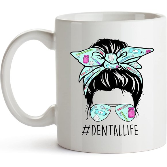 YouNique Designs Dental Life Coffee Mug, 11 Ounces, Dental Hygienist Mug, Dental Hygiene Cup for Women, Dentist Coffee Mug, Dental Cup for Women (Black Handle)