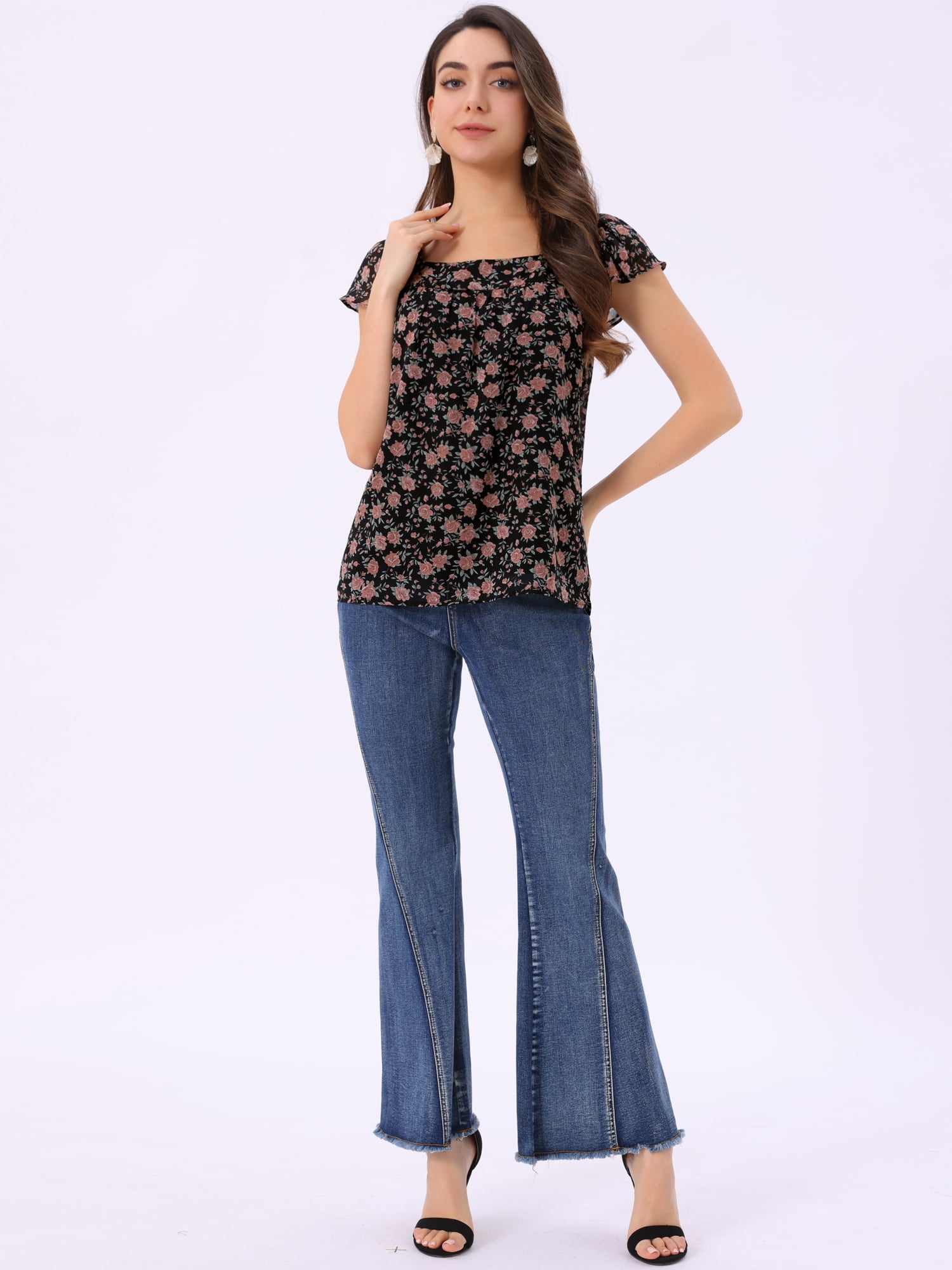 DARING DIVA Women's Floral Ruffle Sleeve Chiffon Blouse Top M Rose Pink Black