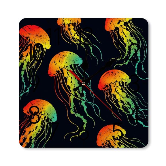 RKSupls 10×10inch Square Silent Wall Clock Wooden Frame, Rainbow Jellyfish Black Scale Decorative Clock for Home Bedroom Living Room Office
