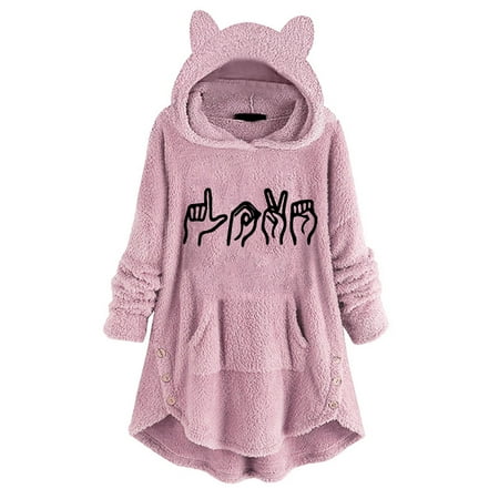 

Bospose Winter Shirt For Girls Pink Bustier Top Women Blouse Fashion Button Plush Tops Hood With Pocket Loose Tops Blouse Plush Top With s Top Xl