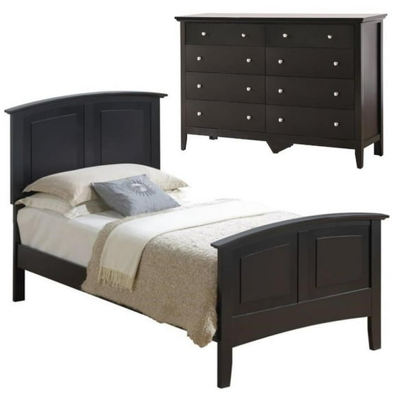 Home Square 2-Piece Set with Twin Panel Bed and 8-Drawer Dresser in Black