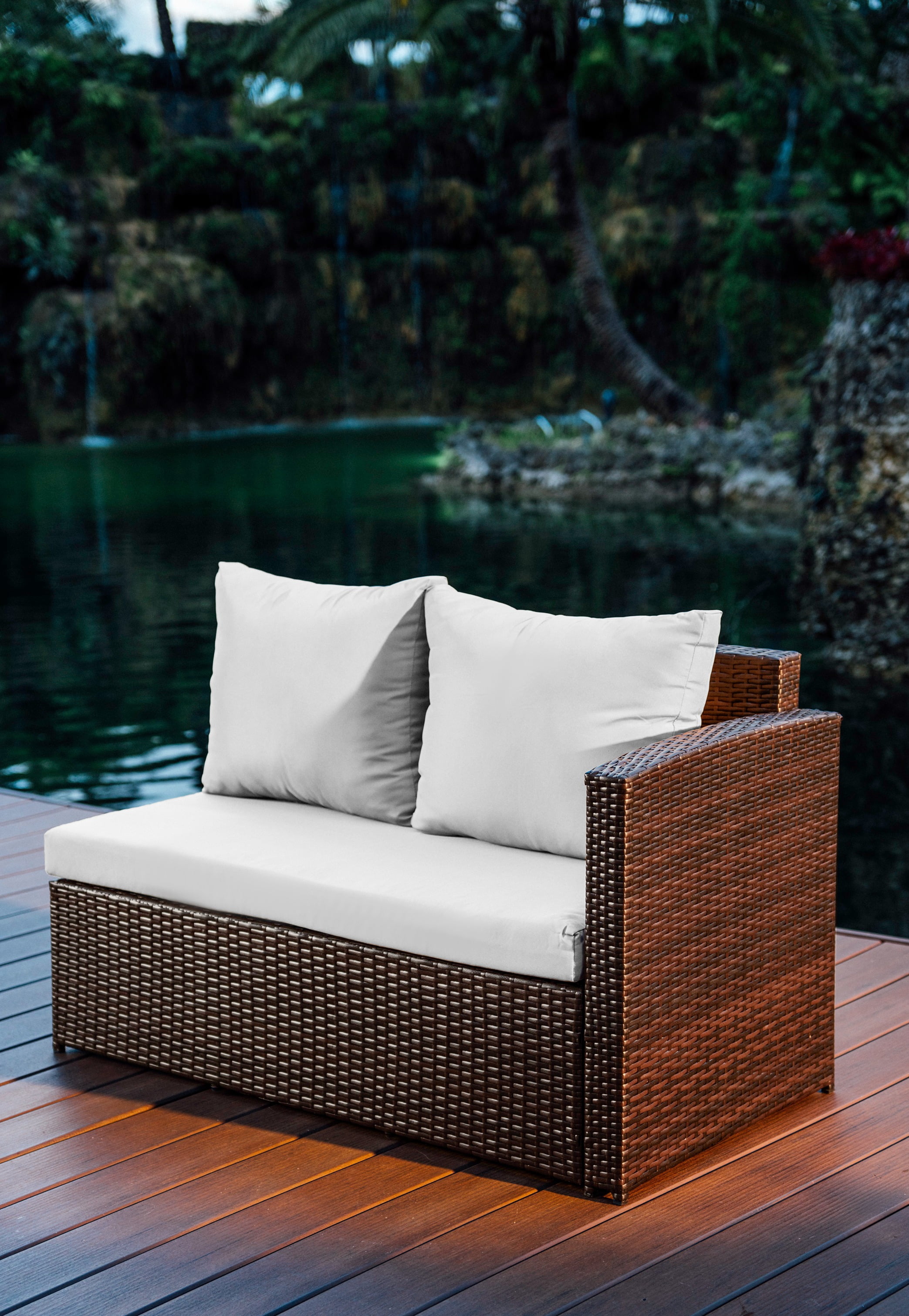Hearth & Harbor 7 Piece Outdoor Furniture Set, Wicker Outdoor Sectional Dining Set with 10 Seats and Patio Table, Brown with Off-white Cushions