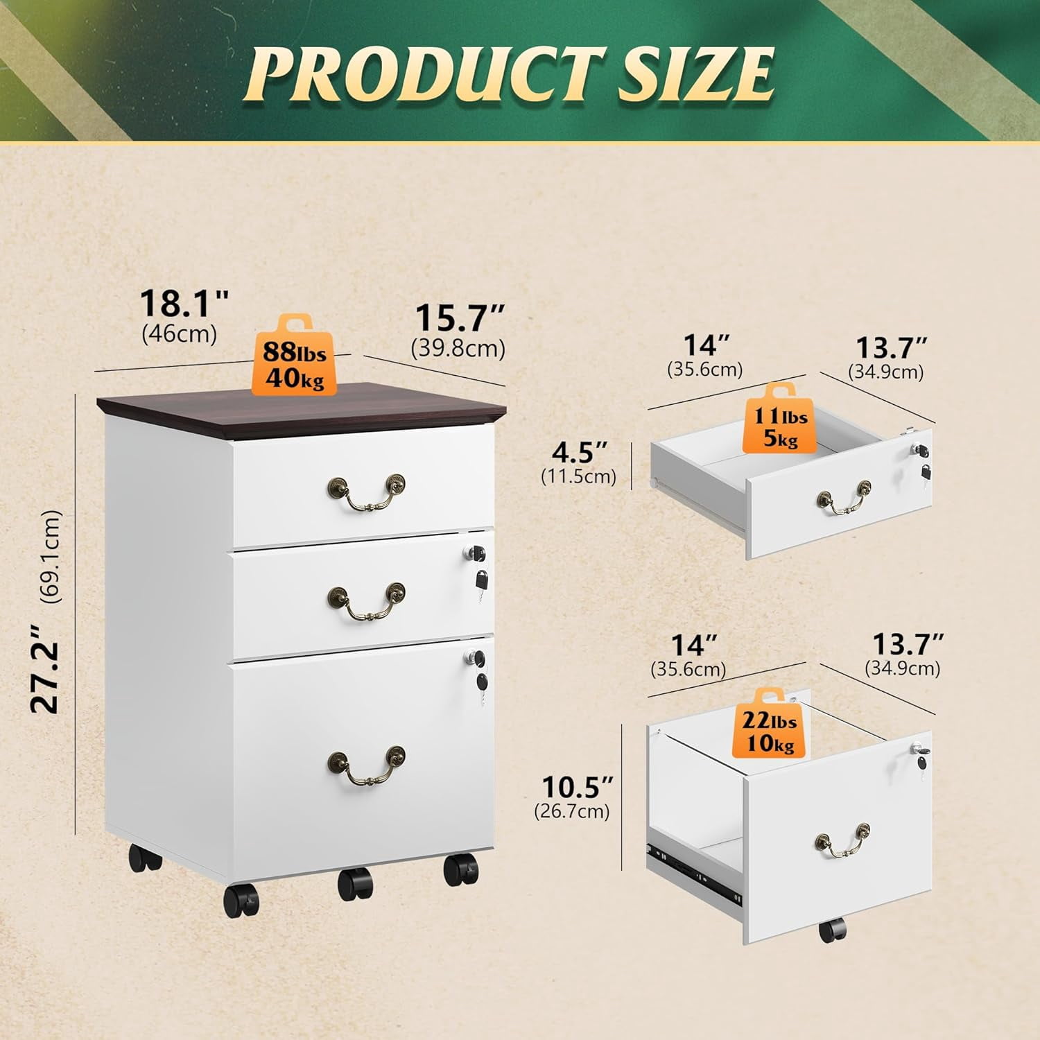 File Cabinet 3-Drawer, Small Office Furniture with Lock, Rolling Under Desk Filing Cabinet for Home Office, White