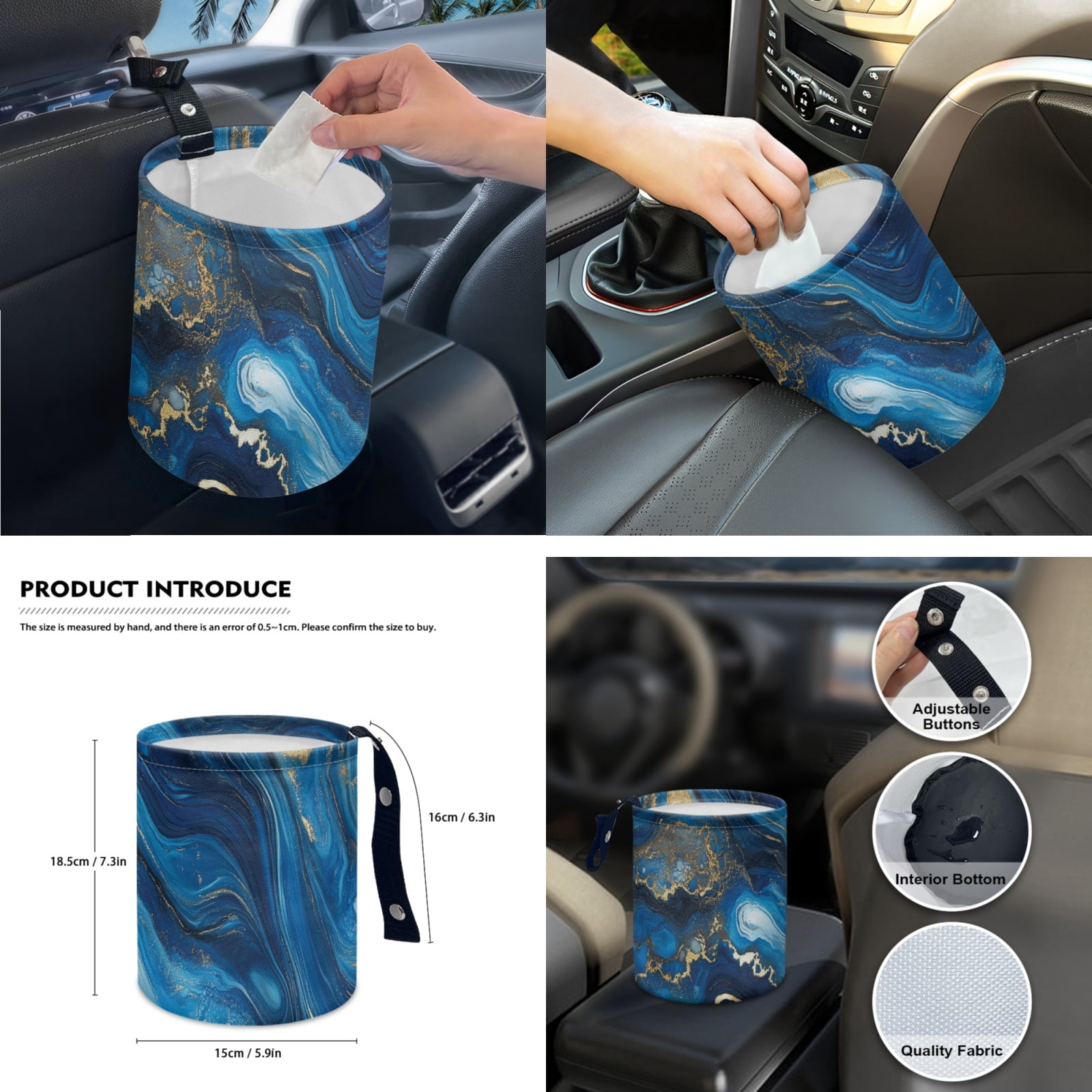 Yuyamidu Blue Marble Print Car Seat Cover Full Set of 14 Fashion Auto Steering Wheel Cover Seatbelt Pads Armrest Cushion Trash Can Rearview Mirror Cover Handbrake Cover Set Coasters