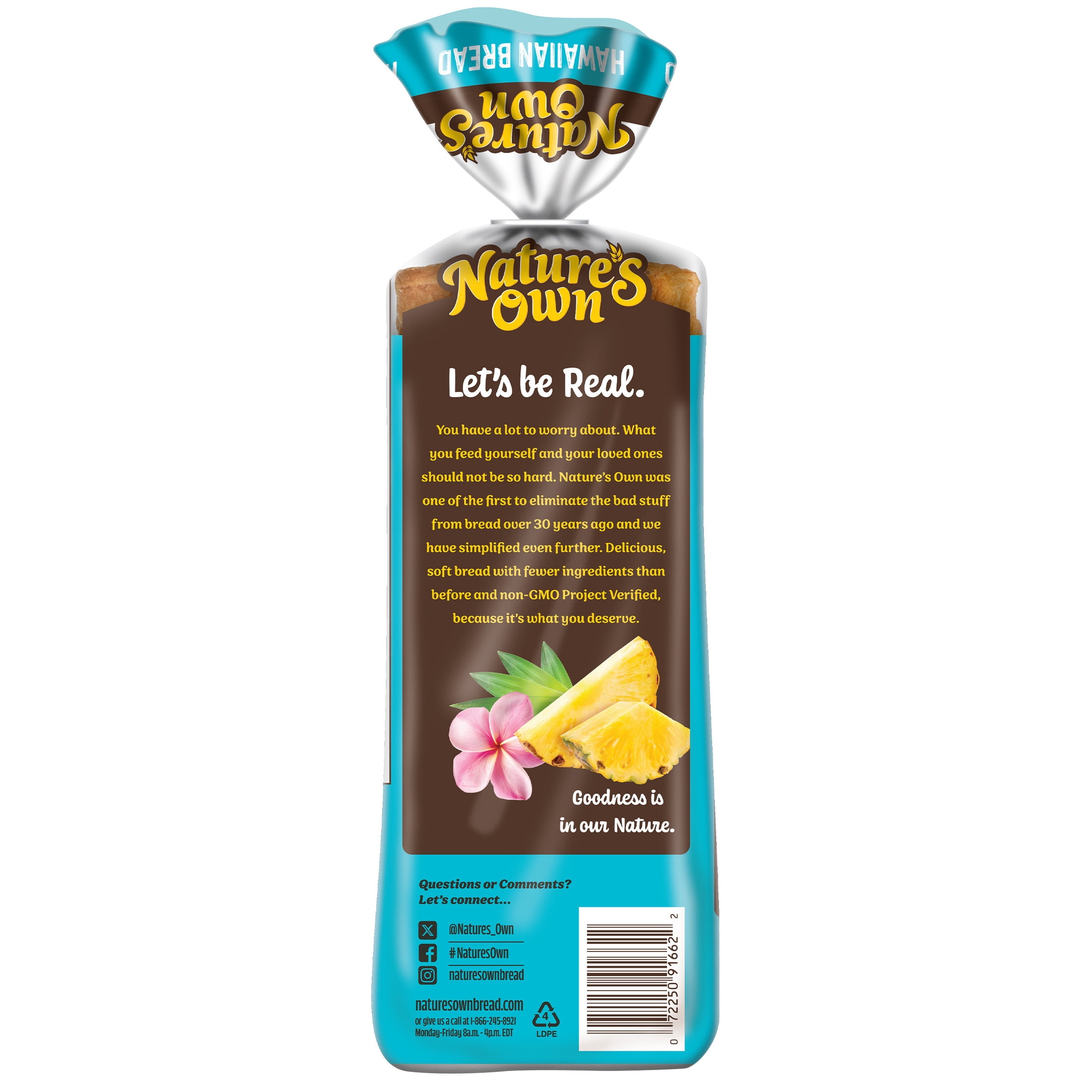 Nature's Own Hawaiian Sliced Bread, 20 oz Loaf - Tropical Flavor