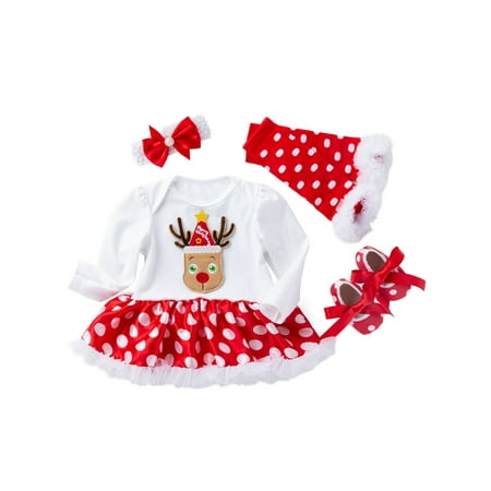 

Glonme Girls Fall Romper Sets Long Sleeve 4Pcs Christmas Outfits Clothes Polka Dot Leg Warmer Set Holiday Casual Headband Suits Cute Crew Neck Style-J 80cm