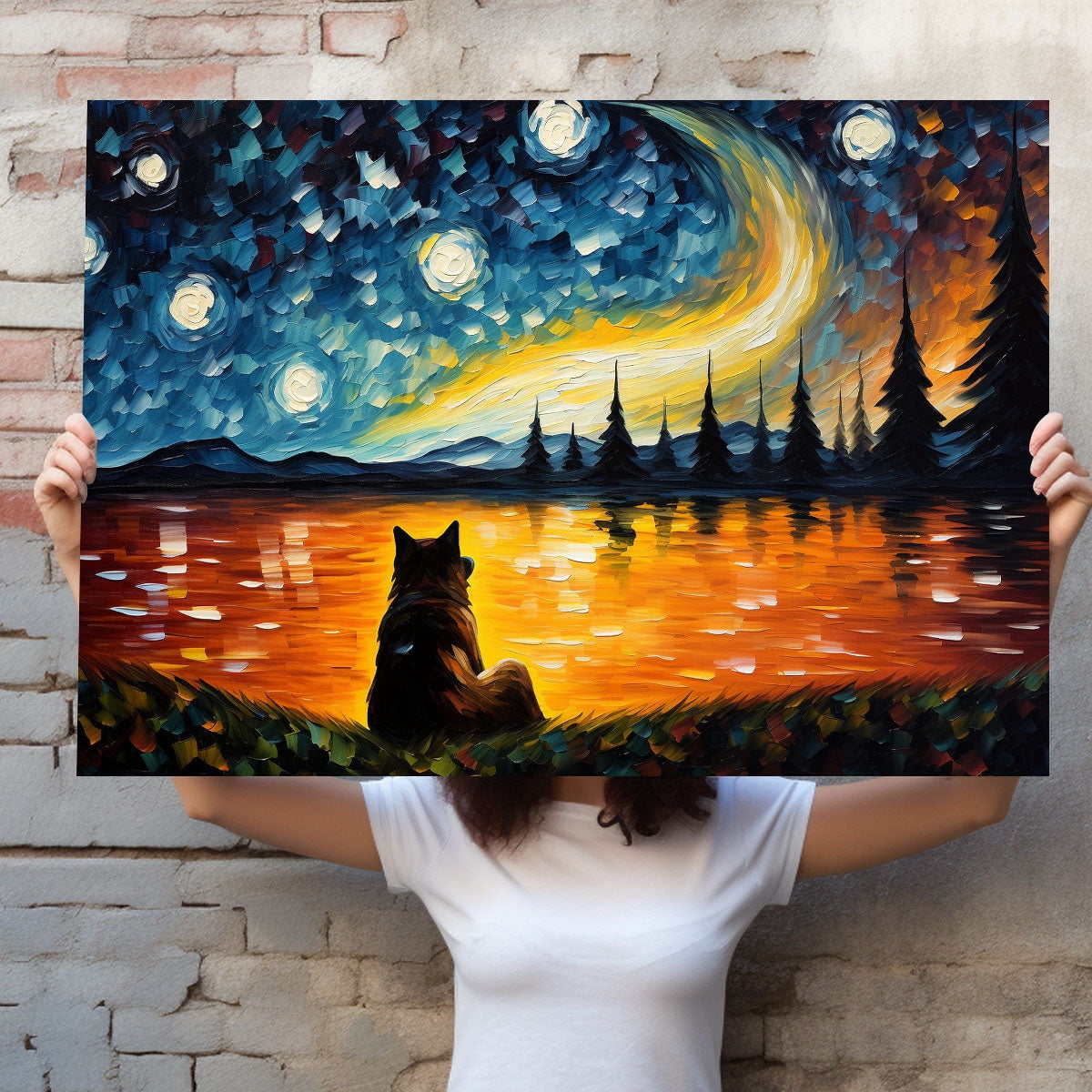 Akita Dog Watercolor Starry Night Van Gogh Painting Kits, Painting Watercolor Canvas, Canvas Suitable for Room Decor Cafe Decor Or Gift for Friends