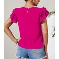 thumbnail image 4 of Women Crew Neck Blouse Cap Ruffle Sleeve Pure Color Loose Fitting Casual Summer Shirt Rose Red XL, 4 of 6