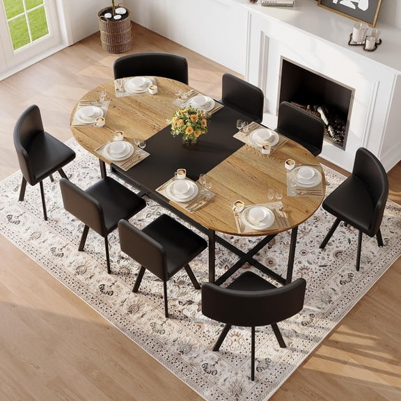 LJAN 9-Piece Dining Table Set for 8, 78.7" Large Extendable Kitchen Table Set with 8 PU Leather Chairs, Modern Oval Wooden Table with Faux Marble Tabletop for Gatherings, Dining Room, Black