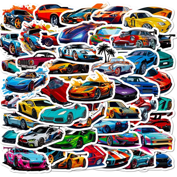 Paquete de pegatinas con tema de coche deportivo, 50 unidades, para niños y adolescentes