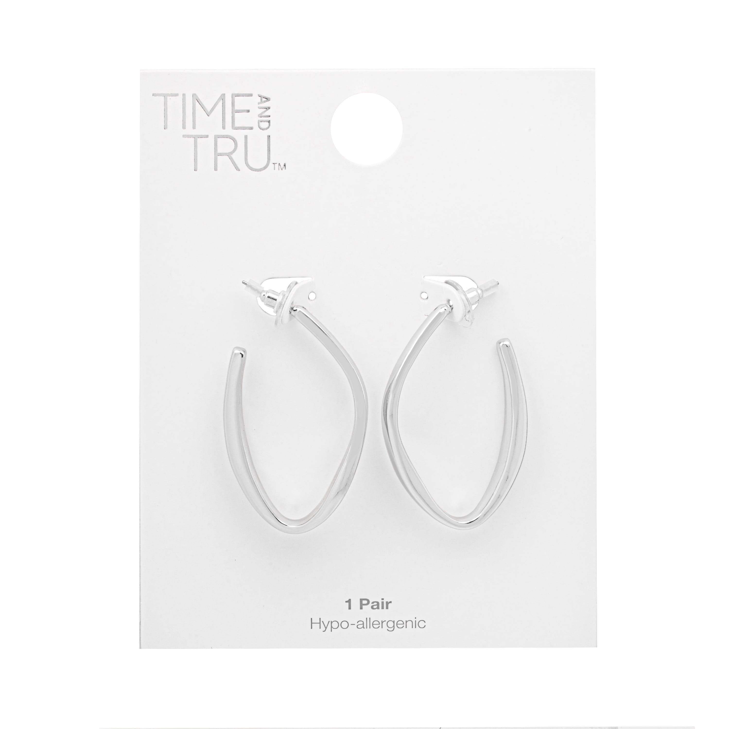Time and Tru Women's Rhodium Tone Modern Hoop Earrings with Secure Post Back