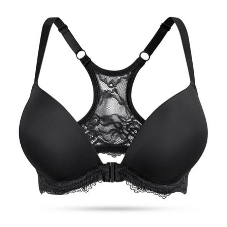 Push Up Front Closure Plunge Bras for Women Thick Padded Lace Racerback Underwire Bra  Beige 32A-44B