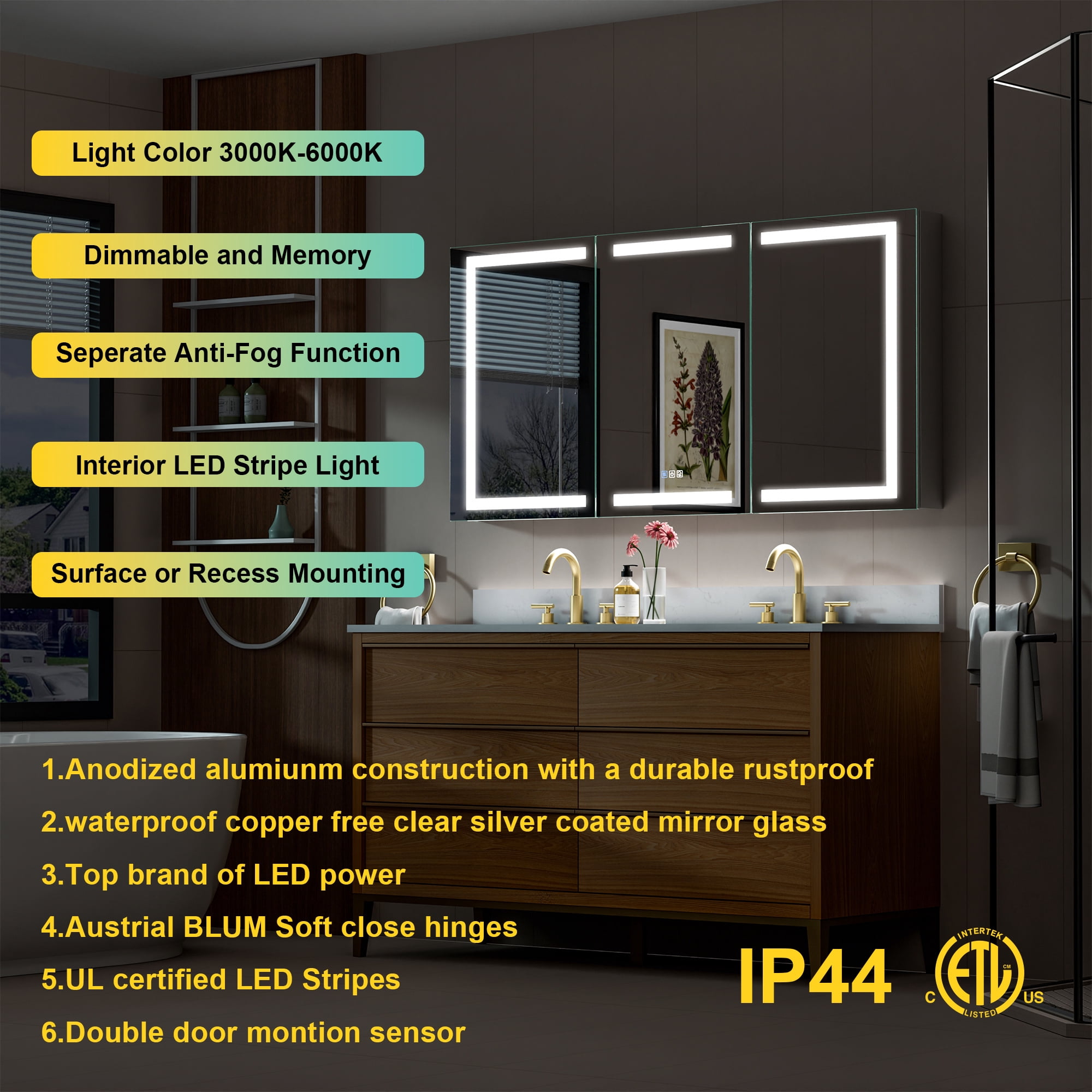 ANGELES HOME 60"x30"LED Medicine Cabinet with Lights, Medicine Cabinet with HD Mirror, Surface or Recessed, Anti-Fog, Dimmable, Memory Function, Outlets & USB, Three Opening Doors