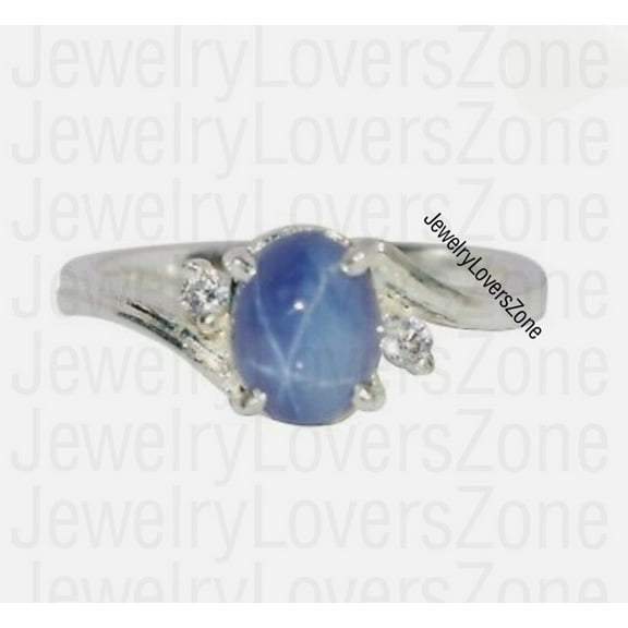 JewelryLoversZone Vintage Blue Star Sapphire Engagement Ring Timeless Marriage Proposal Ring Handmade Gemstone Jewelry Gift for Her Silver 3