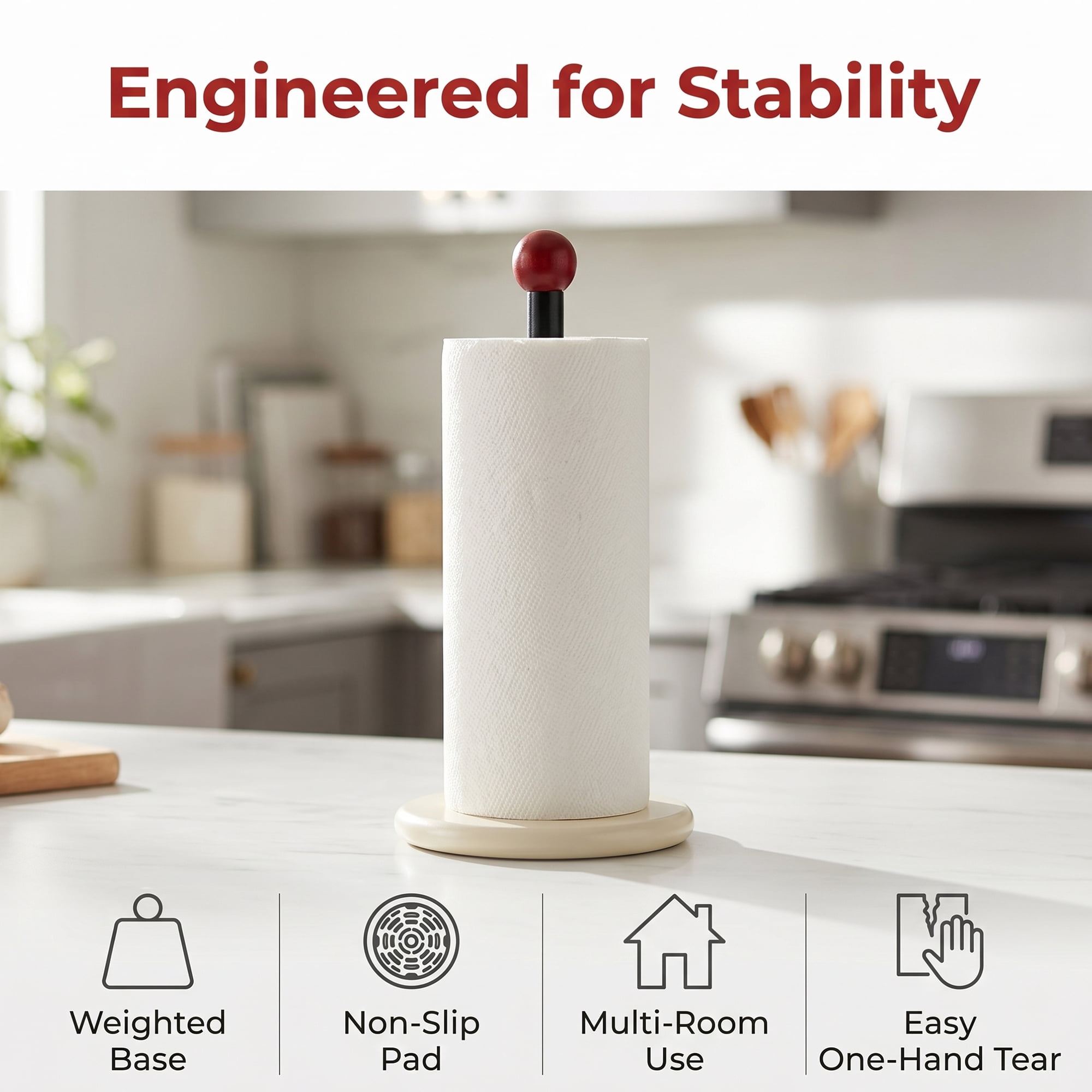 Unique Bargains Paper Towel Holder Countertop Weighted Base Dispenser Wood Yellow 12x5.9in