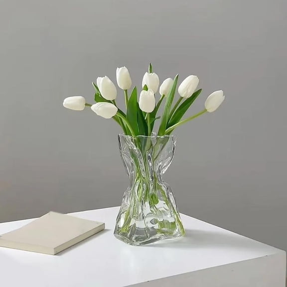 Money Bag Glass Vase, Folded Texture Creative Flower Vase for Home Decor, 5.9" High Transparency Crystal for Bouquets