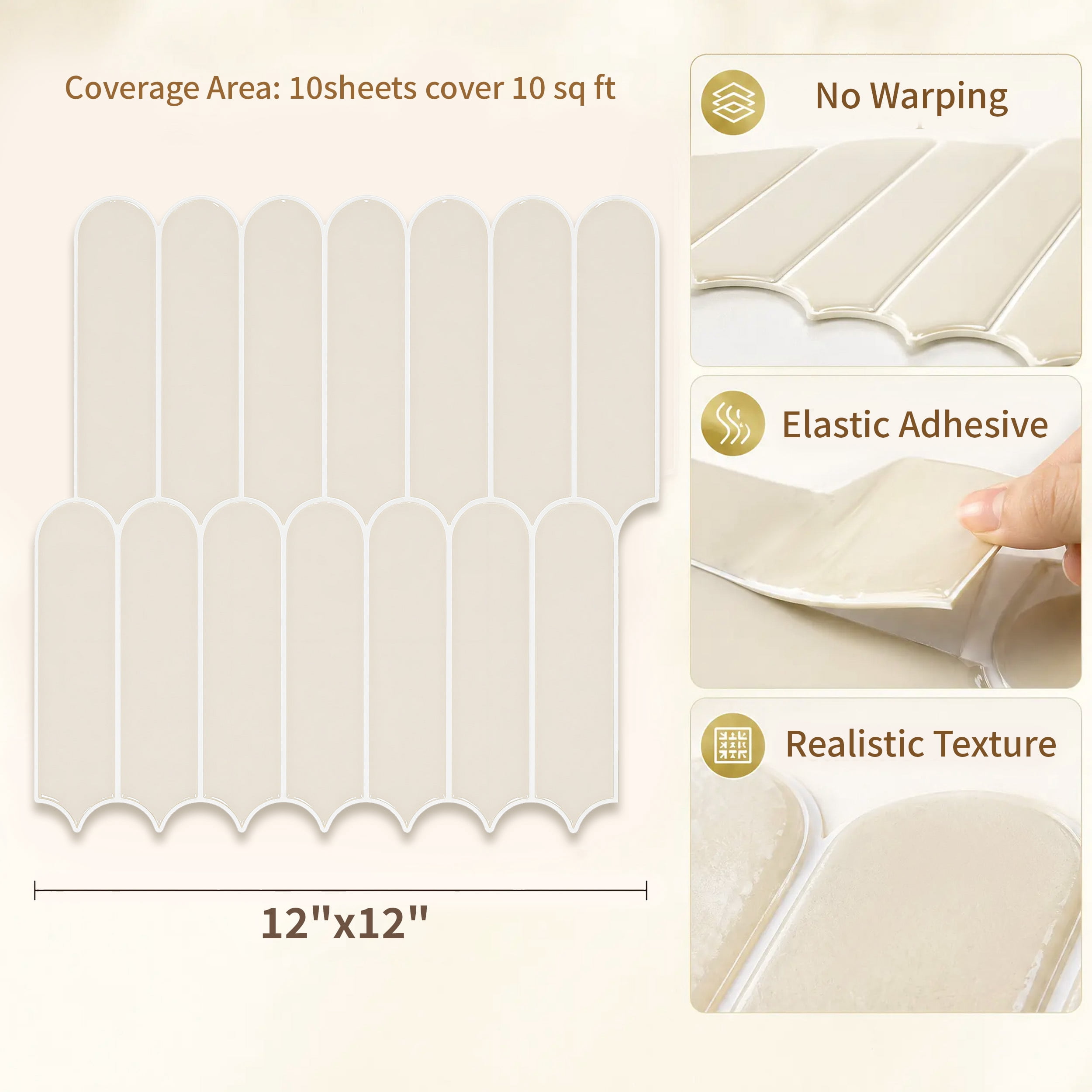 Stick3D 10Pcs 3D Peel and Stick Backsplash 12"x12" Self-Adhesive Wall Tile for Kitchen Bathroom, Beige