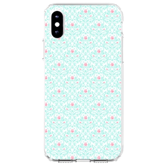 DistinctInk Clear Shockproof Hybrid Case for iPhone X / XS (5.8" Screen) - TPU Bumper, Acrylic Back, Tempered Glass Screen Protector - Teal & Pink Rose Pattern