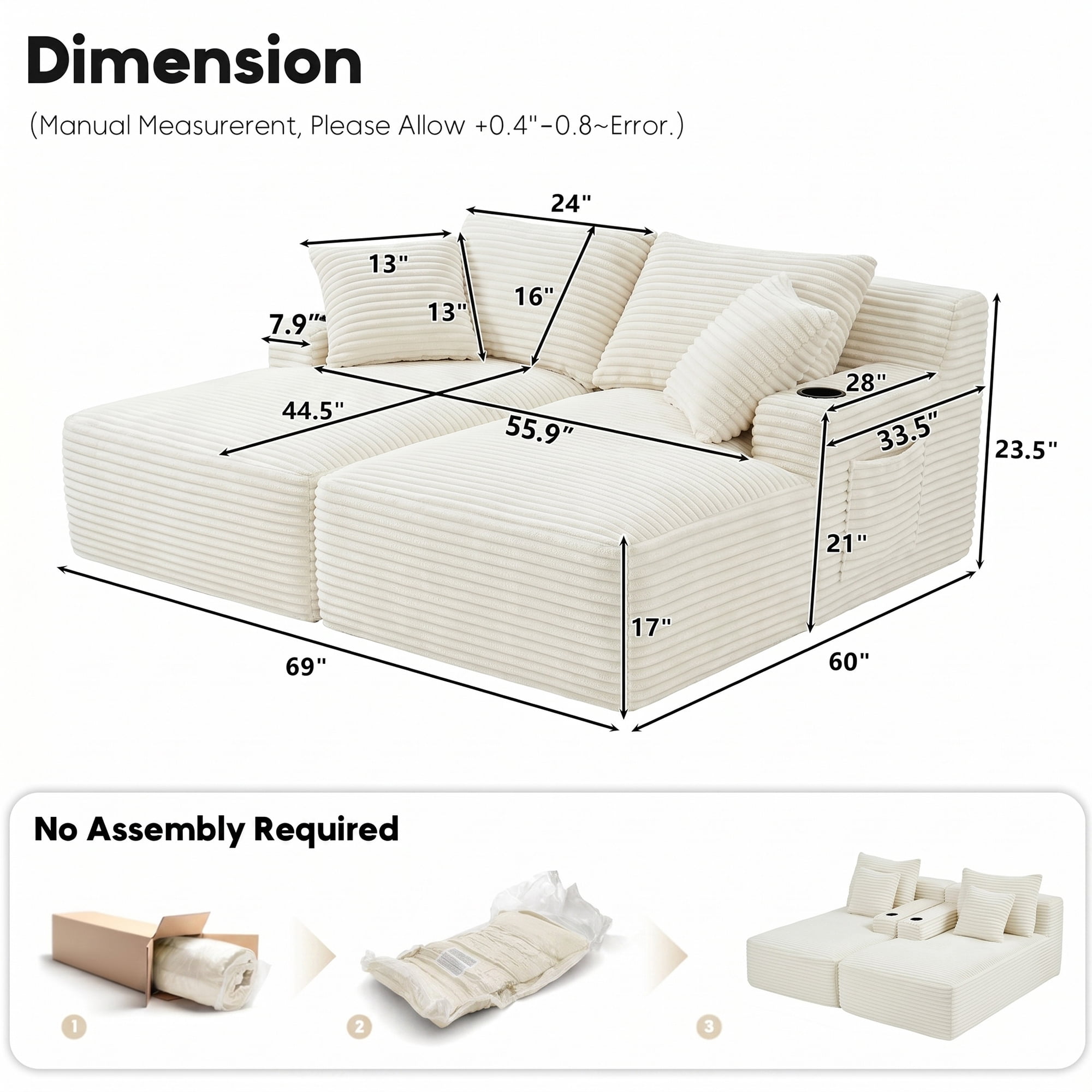 Aukfa 69" Oversized Double Chaise Lounge Boneless Couch Modular Loveseat Sleeper Sofa Bed for Living Room, 2 Cup Holders, Corduroy, Beige