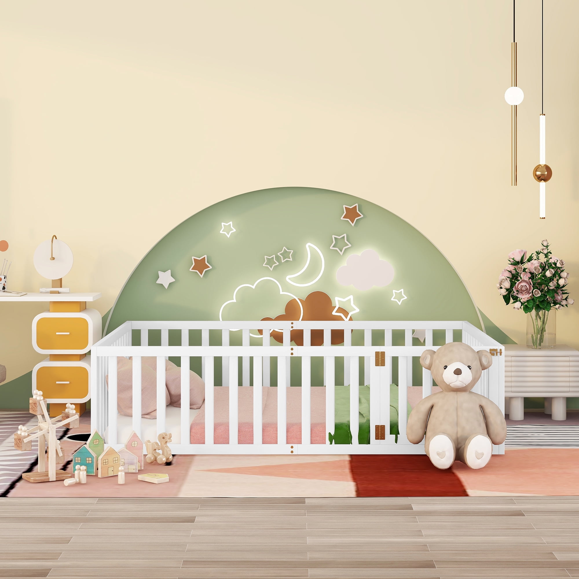 Harper & Bright Designs Montessori Floor Bed, Queen Size Floor Bed with Fence and Door, Floor Bed Frame with Guardrails for Boys Girls, White
