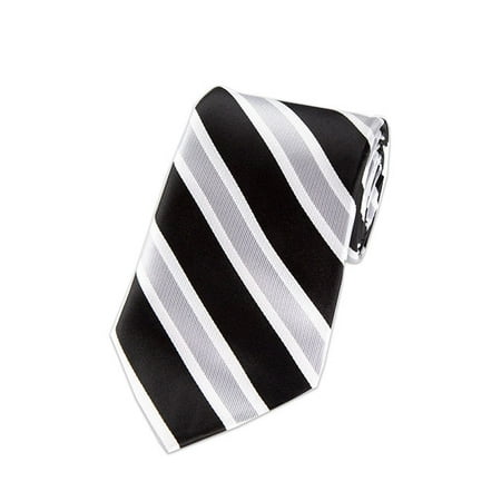 White Silver Stripe - Black, Silver And White Wide Striped X-Long Woven Necktie