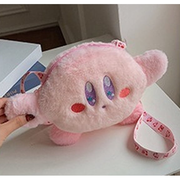 Kirby Plush Crossbody Bag,Cute Pink Kirby Stuffed Shoulder Bag with Adjustable Strap,Soft Fluffy Purse for Kirby Fans