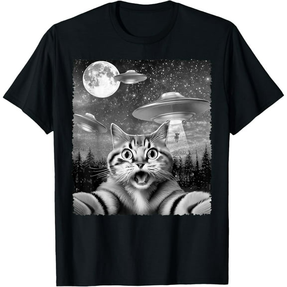Funny Alien Cat Selfie with UFOs Gift Idea Men Women Kids T-Shirt Tee