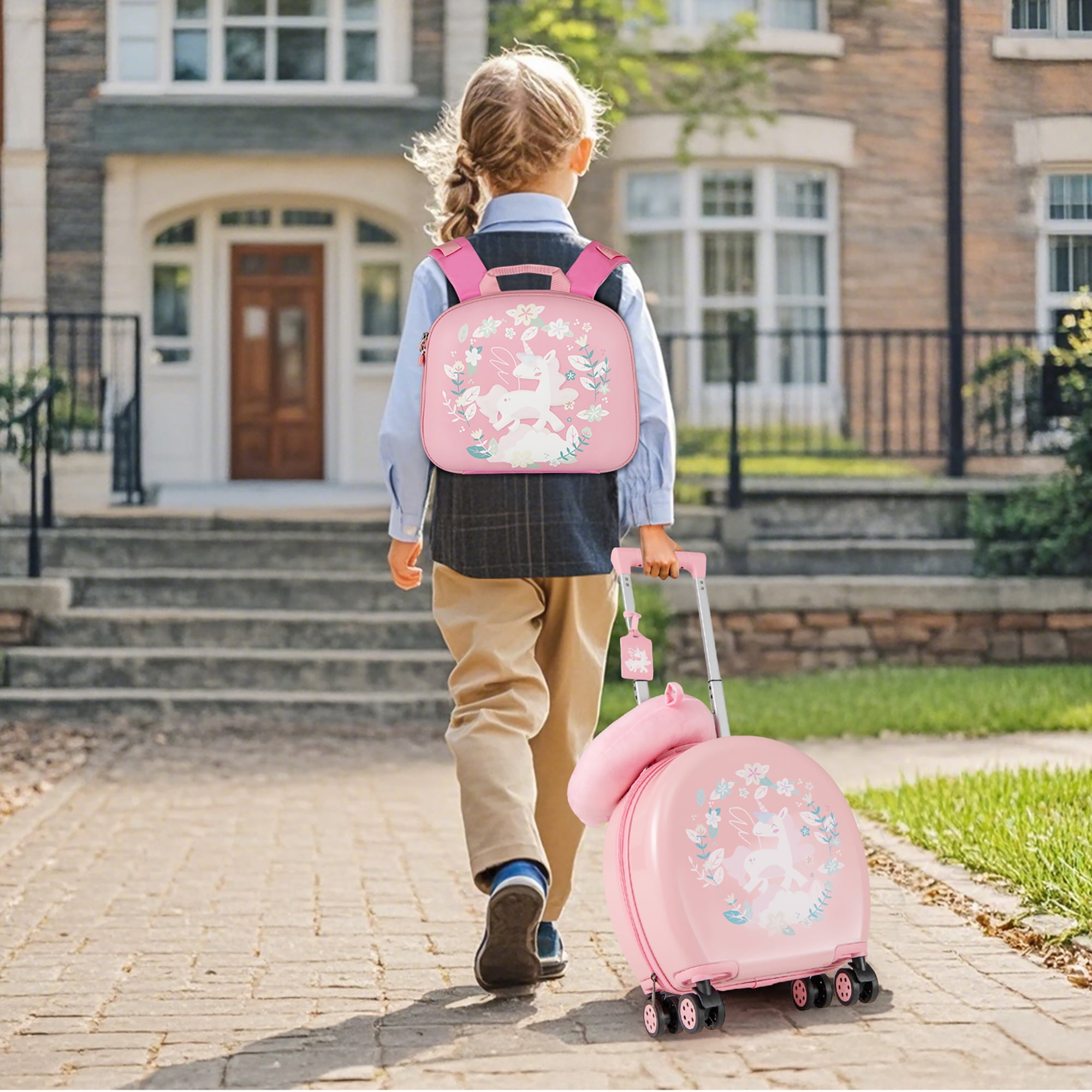 Gymax 4-Piece Kid's Luggage Set w/ 14'' Carry-on Hardside Spinner Toddler Luggage Pink