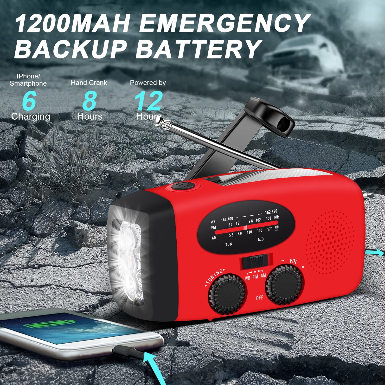 1000mAh Power Bank for iPhone/Smart Phone Charger Asucway Emergency Radio Portable Hand Crank Solar Radio,AM/FM NOAA Weather Radio with LED Flashlight 