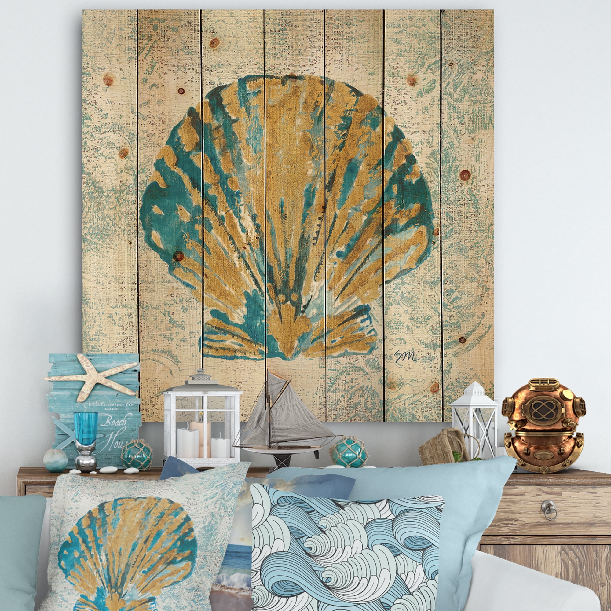 Designart 'Coastal Pastel seashells I' Vintage Nautical Print on Natural Pine Wood