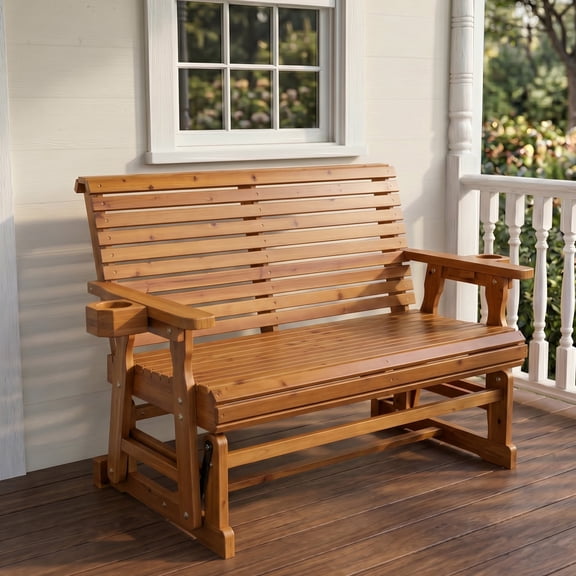 Fortune Candy Outdoor Wood Glider with High Roll Back and Cup Holders, Heavy Duty 800 lbs