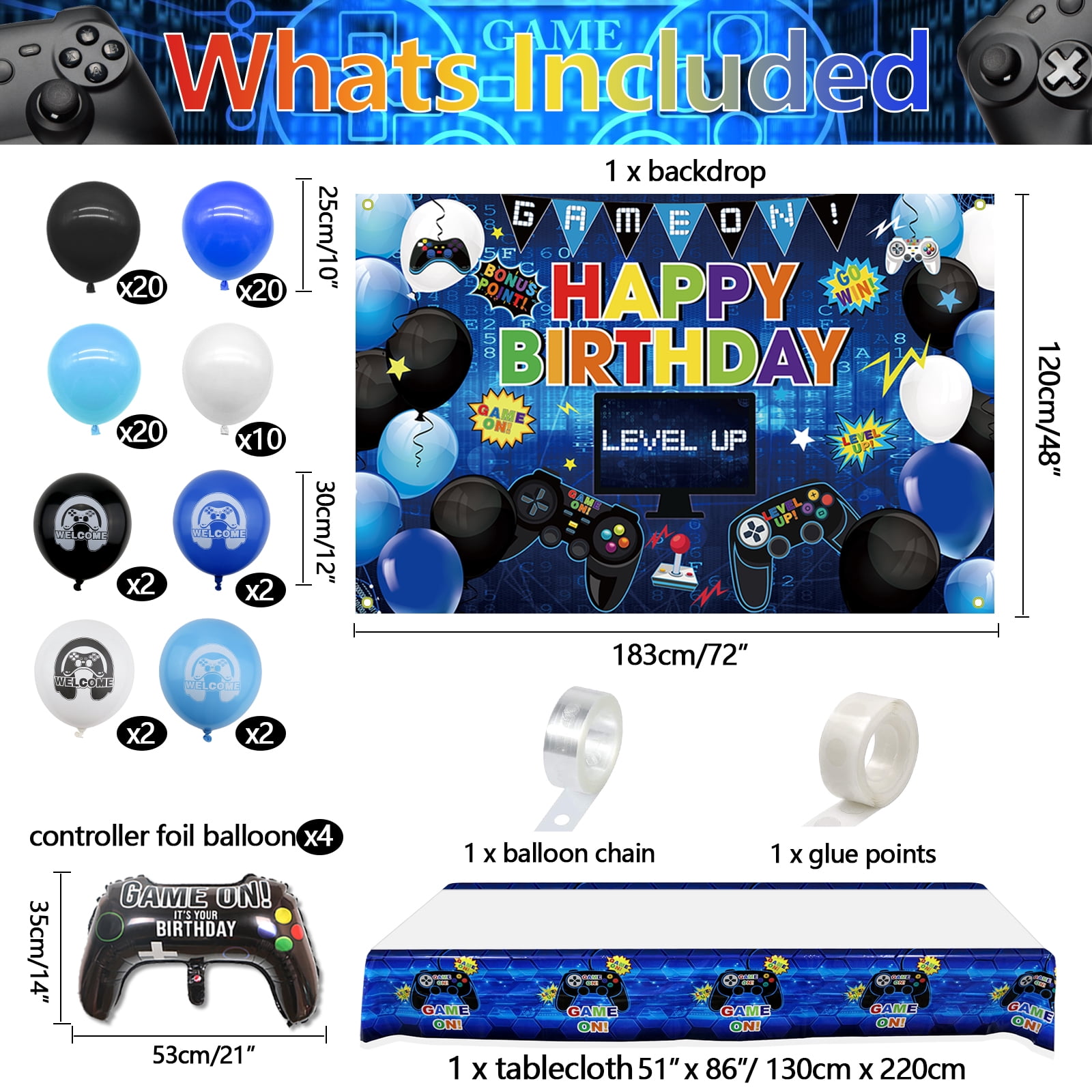 Video Game Happy Birthday Blue Decorations Set - Gaming Theme Happy Birthday Backdrop Tablecloth 82Pcs Balloons Garland Arch Kit for Kids and Gamer Birthday Party (Blue)