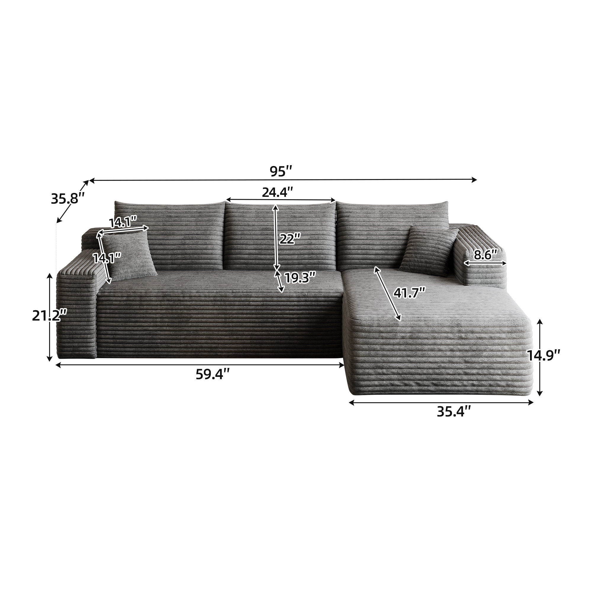 95-Inch Cloud Sectional Sofa with Plush Corduroy Fabric, U-Shaped Modular Couch and Corner Sofa for Living Room with Deep Seat, No Assembly Required, Dark Grey