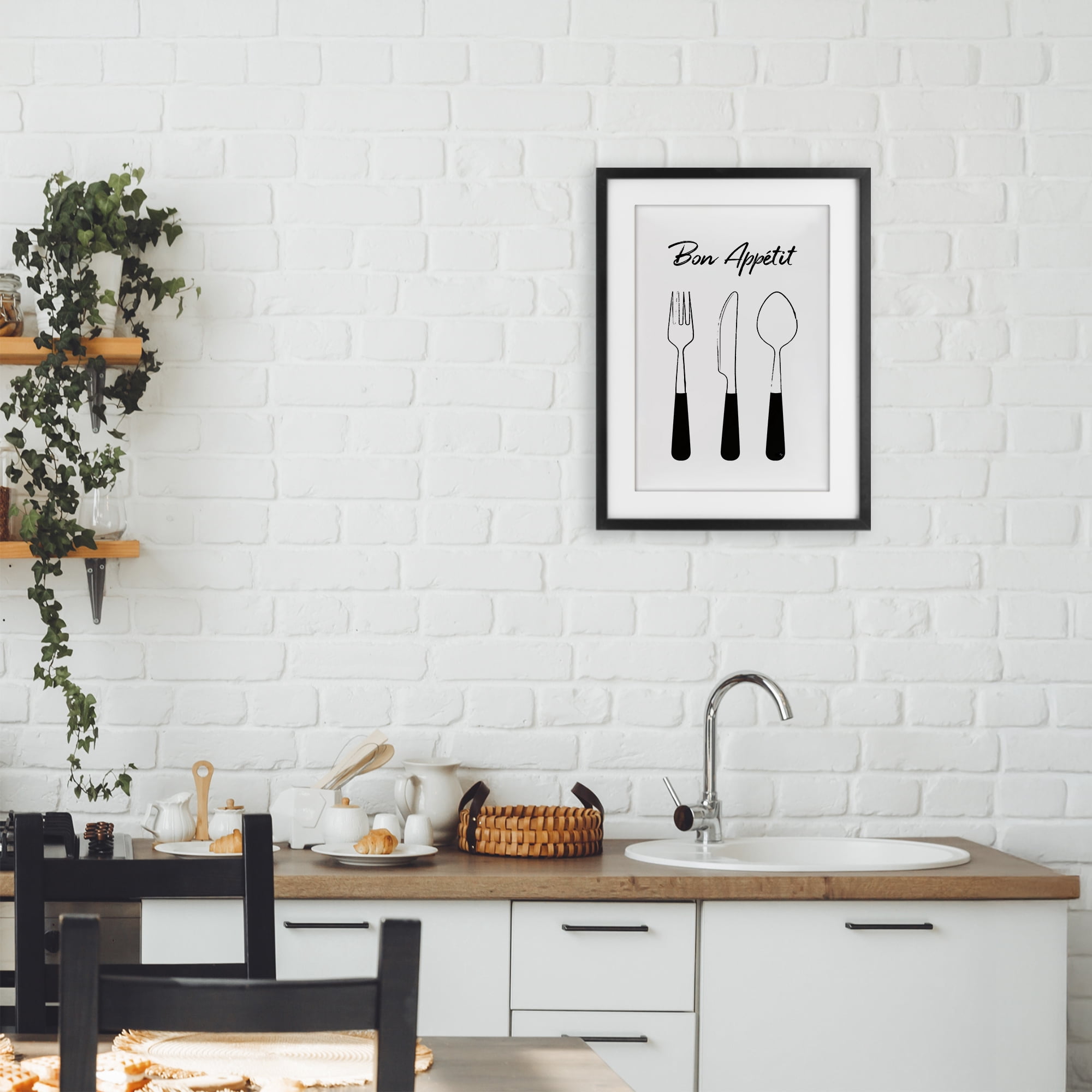 Stupell Industries Bon Appetit Fork Knife Spoon Black Framed Print Under Glass, design by Martina Pavlova