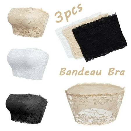 

3pcs Girls Floral Lace Stretchy Strapless See Through Bandeau Tube Top with Bra - Size 2XL