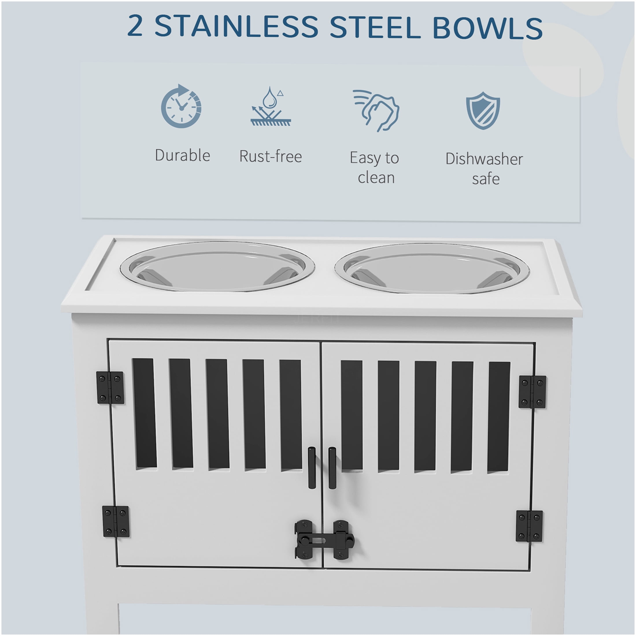 JERFIT Elevated Dog Feeder Stand with Storage Cabinet, 37L Pet Food Organizer, Raised Stainless Steel Bowls for Large Dogs, White