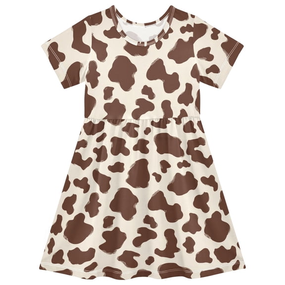 Brown and White Cow Print Spots Short Sleeve Dress A-Line Cute Midi Casual Sundress 2-8 Years
